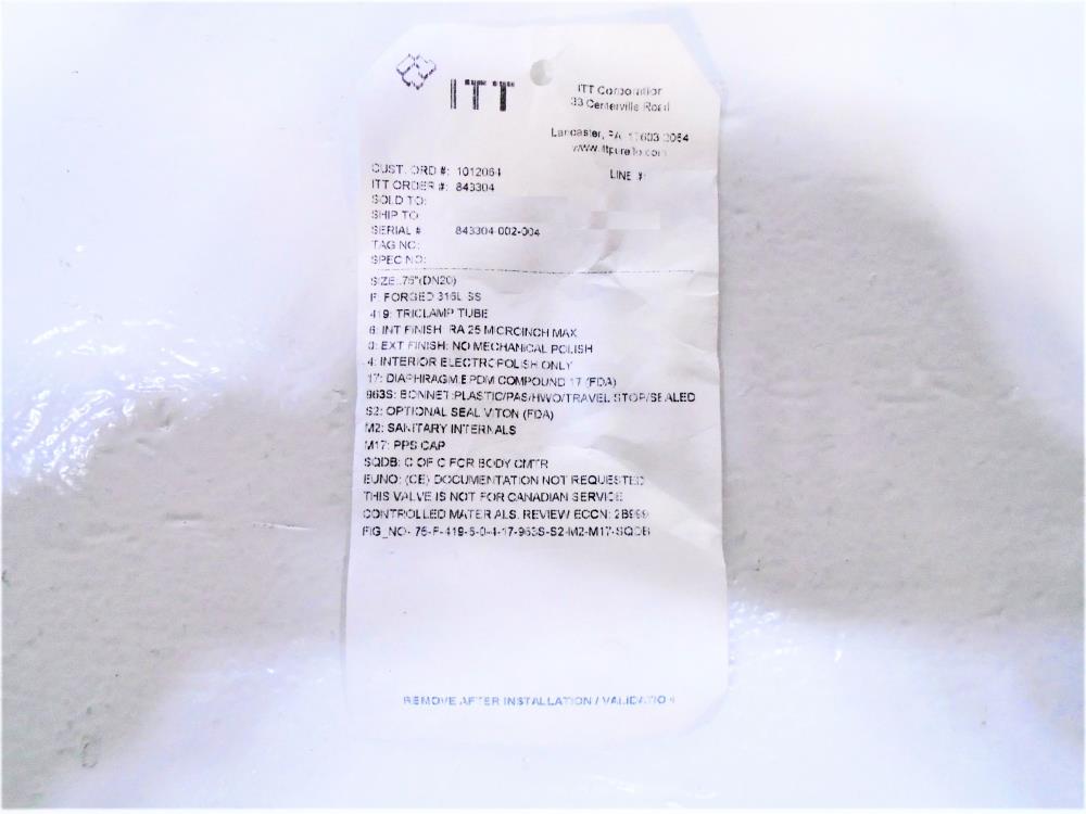 ITT Pure-Flo 3/4" Tri-Clamp Sanitary Diaphragm Valve .75-316L-RA25MAX-CWP150